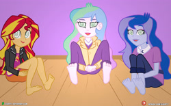 Size: 5000x3090 | Tagged: safe, alternate version, artist:dieart77, princess celestia, princess luna, principal celestia, sunset shimmer, vice principal luna, equestria girls, barefoot, clothes, commission, feet, hypnosis, hypnotized, jacket, leather jacket, pants, skirt, swirly eyes