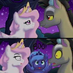 Size: 2500x2500 | Tagged: safe, artist:villagerpony13, discord, princess celestia, princess luna, alicorn, pony, boo, cewestia, comic, crown, cute, cutelestia, dialogue, discute, dislestia, female, filly, foal, jewelry, lidded eyes, looking at each other, lunabetes, male, moment killer, night, open mouth, pink-mane celestia, regalia, romantic, shipping, sky, smiling, straight, wide eyes, woona, young discord, younger