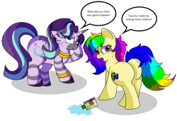 Size: 1280x873 | Tagged: safe, artist:rainbowtashie, starlight glimmer, zecora, oc, oc:rainbow tashie, oc:voodoo charms, earth pony, pony, unicorn, zebra, butt, butt expansion, commissioner:bigonionbean, cutie mark, dat butt, fusion, fusion:voodoo charms, growth, jewelry, meme, nintendo 64, plot, potion, simple background, spill, transparent background, writer:bigonionbean