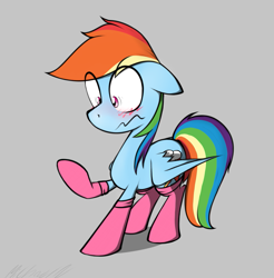 Size: 1117x1135 | Tagged: safe, artist:flamethegamer, derpibooru import, rainbow dash, pegasus, pony, blushing, clothes, embarrassed, rainbow dash always dresses in style, socks, solo