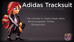 Size: 3840x2160 | Tagged: safe, artist:imafutureguitarhero, artist:sindroom, part of a series, part of a set, sunset shimmer, human, equestria girls, 3d, adidas, cheeki breeki, clothes, colored eyebrows, download, download at source, downloadable, female, gopnik, high res, jacket, multicolored hair, open mouth, pants, raised eyebrow, shirt, shoes, slav squat, socks, solo, source filmmaker, squatting, text, trackpants, tracksuit