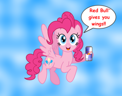 Size: 1024x804 | Tagged: safe, artist:aleximusprime, pinkie pie, pegasus, pony, energy drink, pegasus pinkie pie, race swap, red bull, red bull gives you wings, solo, wings