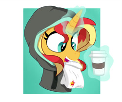 Size: 979x816 | Tagged: safe, artist:vale-bandicoot96, sunset shimmer, pony, unicorn, clothes, coffee, cup, drink, female, hoodie, levitation, magic, mare, paper bag, simple background, solo, telekinesis