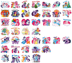 Size: 1813x1576 | Tagged: safe, derpibooru import, apple bloom, applejack, fluttershy, pinkie pie, rainbow dash, rarity, scootaloo, spike, sweetie belle, twilight sparkle, twilight sparkle (alicorn), alicorn, bat, dragon, earth pony, pegasus, pony, unicorn, balloon, box art, christmas, christmas tree, clothes, cloud, costume, cutie mark crusaders, dress, easter egg, egg, halloween, heart, holiday, ice skates, laughing, nightmare night, nightmare night costume, official, official art, party cannon, present, pumpkin, rainbow, scarf, simple background, sled, sticker, stock image, stock vector, transparent background, tree