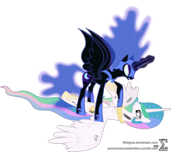 Size: 10330x9190 | Tagged: safe, artist:90sigma, nightmare moon, princess celestia, alicorn, pony, absurd resolution, fight, glowing eyes, magic, on back, simple background, transparent background