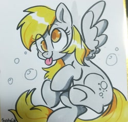 Size: 2048x1946 | Tagged: safe, artist:colorfulcolor233, derpy hooves, pegasus, pony, :p, bubble, colored pupils, cute, derpabetes, female, mare, mlem, silly, simple background, smiling, tongue out, traditional art, white background