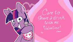 Size: 1509x875 | Tagged: safe, artist:pixel-prism, derpibooru import, twilight sparkle, unicorn twilight, pony, unicorn, female, hearts and hooves day, love poison, mare, poison, slasher smile, solo, twilight snapple, valentine, valentine's day