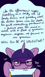 Size: 875x1509 | Tagged: safe, artist:pixel-prism, derpibooru import, twilight sparkle, bronybait, glasses, hearts and hooves day, solo, valentine, valentine's day, writing