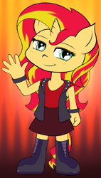 Size: 567x1000 | Tagged: safe, artist:empyu, sunset shimmer, anthro, plantigrade anthro, unicorn, boots, chibi, clothes, cute, female, jacket, leather, leather jacket, looking at you, mare, shimmerbetes, skirt, smiling, solo, waving