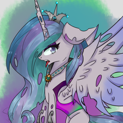 Size: 1400x1400 | Tagged: safe, artist:cheetospony, princess celestia, queen chrysalis, changeling, changeling queen, changelingified, crown, drool, fusion, jewelry, open mouth, regalia, solo, species swap, tongue out