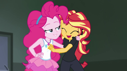 Size: 1920x1080 | Tagged: safe, screencap, pinkie pie, sunset shimmer, all the world's off stage, all the world's off stage: pinkie pie, better together, equestria girls, director shimmer, duo, duo female, eyes closed, female, lidded eyes, open mouth, smiling