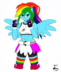 Size: 1516x1800 | Tagged: safe, artist:brekrofmadness, derpibooru import, rainbow dash, equestria girls, belly button, clothes, exeron fighters, midriff, simple background, skirt, solo, sports bra, white background