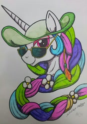 Size: 1075x1533 | Tagged: safe, artist:lorfis-aniu, princess celestia, alicorn, pony, braid, bust, flower, flower in hair, hat, portrait, solo, sunglasses, traditional art