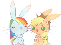 Size: 603x446 | Tagged: safe, artist:sa-eku, derpibooru import, applejack, rainbow dash, rabbit, blushing, bunnified, cute, dashabetes, eyes closed, freckles, hat, jackabetes, simple background, smiling, species swap, white background