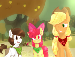 Size: 1600x1200 | Tagged: safe, artist:pandaconchoclo, apple bloom, applejack, pipsqueak, earth pony, pony, bandana, pipbloom, smiling, tree, wink