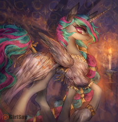 Size: 3840x3970 | Tagged: safe, artist:girlsay, princess celestia, alicorn, pony, candle, clothes, dress, patreon, patreon logo, plot, solo, tail wrap