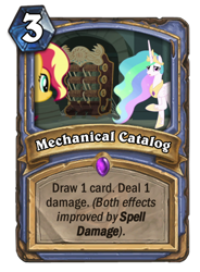 Size: 400x543 | Tagged: safe, screencap, princess celestia, sunset shimmer, better together, equestria girls, forgotten friendship, card, catalog machine, hearthstone, meta, spell, warcraft