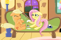 Size: 1105x723 | Tagged: safe, artist:majkashinoda626, applejack, fluttershy, earth pony, pegasus, pony, cold, fetish, hatless, medicine, missing accessory, mucus, pill, sick, sneezing, sneezing fetish, sofa, tissue