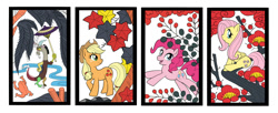 Size: 1000x409 | Tagged: safe, artist:orca, applejack, discord, fluttershy, pinkie pie, earth pony, pegasus, pony, hanafuda, pixiv