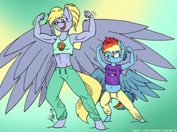 Size: 1200x896 | Tagged: safe, artist:kaemantis, derpy hooves, rainbow dash, anthro, unguligrade anthro, belly button, clothes, female, filly rainbow dash, midriff, muscles, open mouth, pants, shirt, shirt lift, tanktop, younger