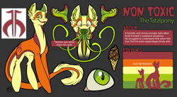 Size: 3840x2124 | Tagged: safe, artist:kez, derpibooru import, oc, oc only, oc:non toxic, monster pony, original species, tatzlpony, food, ice cream, male, reference sheet, solo, teeth, tentacle tongue, tentacles