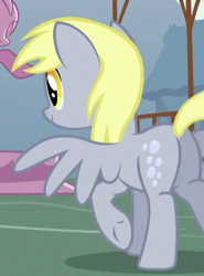 Size: 299x404 | Tagged: safe, screencap, derpy hooves, pegasus, pony, she talks to angel, background pony, butt, cropped, female, mare, plot, solo, spread wings, wings