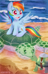 Size: 1242x1920 | Tagged: safe, artist:abbystarling, derpibooru import, rainbow dash, tank, pegasus, pony, tortoise, turtle, beach, cousins, cute, dashabetes, ocean, sea turtle, tide, water, wingding eyes