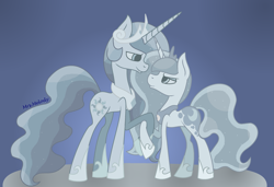 Size: 3009x2055 | Tagged: safe, artist:giraffer98, princess celestia, princess luna, pony, unicorn, hoof hold, race swap, royal sisters, statue, younger