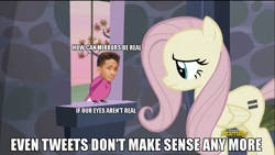 Size: 1366x768 | Tagged: safe, edit, edited screencap, screencap, fluttershy, pegasus, pony, the cutie map, even tweets don't make sense anymore, image macro, jaden smith, meme, text