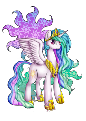 Size: 1408x1984 | Tagged: safe, artist:nightly-clock-work, princess celestia, alicorn, pony, female, horn, mare, multicolored mane, solo, spread wings, white coat