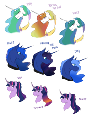 Size: 1700x2200 | Tagged: safe, artist:phobicalbino, princess celestia, princess luna, twilight sparkle, twilight sparkle (alicorn), alicorn, pony, bust, curved horn, ethereal mane, female, mare, portrait, royal sisters