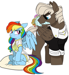 Size: 860x922 | Tagged: safe, artist:dbkit, derpibooru import, dumbbell, rainbow dash, pegasus, pony, alternate hairstyle, bouquet, clothes, dress, dumbdash, female, flower, male, misleading thumbnail, pillow, shipping, straight