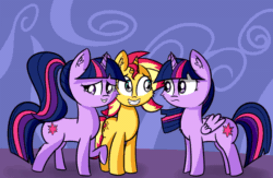 Size: 690x450 | Tagged: safe, artist:artiks, sci-twi, sunset shimmer, twilight sparkle, twilight sparkle (alicorn), alicorn, pony, unicorn, better together, equestria girls, spring breakdown, animated, awkward, chest fluff, dialogue, duality, ear fluff, equestria girls ponified, eye shimmer, female, frown, gif, glare, grin, implied lesbian, looking away, mare, narrowed eyes, nervous, open mouth, ponytail, raised hoof, self ponidox, shifty eyes, shy, smiling, squee, thought bubble, twolight, unicorn sci-twi, vulgar, wat, wide eyes