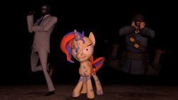 Size: 1334x750 | Tagged: safe, artist:theinvertedshadow, artist:tishadster, sunset shimmer, pony, 3d, doppelganger (tf2 freak), gmod, painis vagicake, painset shimmercakes, soldier, spy, team fortress 2