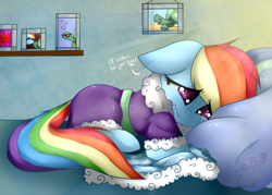 Size: 2084x1493 | Tagged: safe, artist:bloody-pink, derpibooru import, rainbow dash, tank, pegasus, pony, tanks for the memories, bathrobe, bed, clothes, crying, cute, dashabetes, feels, female, floppy ears, mare, misspelling, nightgown, robe, sad, solo