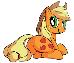 Size: 1280x1086 | Tagged: safe, artist:mostazathy, applejack, earth pony, pony, applebutt, butt, dock, hat, i can't believe it's not idw, looking at you, looking back, plot, prone, simple background, solo, style emulation, transparent background