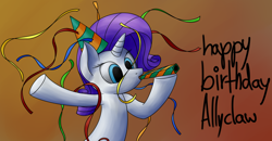 Size: 3480x1803 | Tagged: safe, artist:uber-dragon, rarity, pony, unicorn, happy birthday, hat, party hat, solo