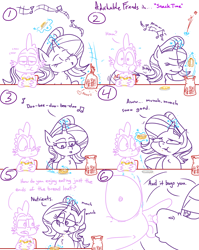 Size: 4779x6013 | Tagged: safe, artist:adorkabletwilightandfriends, spike, starlight glimmer, dragon, pony, unicorn, comic:adorkable twilight and friends, adorkable, adorkable friends, annoying, bread, bump, bumping, bumping hips, butt, chewing, comic, cute, dork, eating, food, glowing horn, horn, humming, humor, kitchen, magic, music, music notes, nostril flare, nostrils, plot, sandwich, singing, sitting, slice of life, snack, tail, teasing, telekinesis, whispering