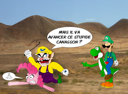 Size: 1364x999 | Tagged: safe, artist:zefrenchm, pinkie pie, earth pony, pony, crossover, french, humans riding ponies, luigi, nintendo, riding, super mario bros., translated in the description, wario, yoshi