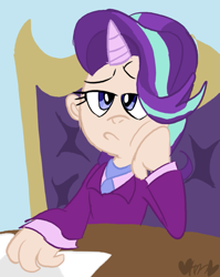 Size: 637x800 | Tagged: safe, artist:mirabuncupcakes15, starlight glimmer, human, the last problem, chair, clothes, desk, female, headmare starlight, horn, horned humanization, humanized, necktie, older, older starlight glimmer, paper, shirt, solo, starlight is not amused, suit, unamused