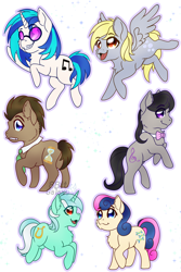 Size: 3600x5400 | Tagged: safe, artist:8bitgalaxy, bon bon, derpy hooves, dj pon-3, doctor whooves, lyra heartstrings, octavia melody, sweetie drops, vinyl scratch, earth pony, pegasus, pony, unicorn, adorabon, background six, chest fluff, chibi, cute, derpabetes, doctor who, doctorbetes, female, lyrabetes, male, mare, mouth hold, signature, simple background, sonic screwdriver, stallion, tavibetes, vinylbetes, white background
