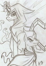 Size: 1632x2314 | Tagged: safe, artist:rossmaniteanzu, derpibooru import, king sombra, pony, unicorn, monochrome, traditional art