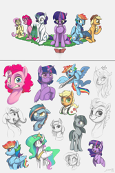 Size: 1280x1920 | Tagged: safe, artist:silverhopexiii, derpibooru import, applejack, fluttershy, marble pie, pinkie pie, princess celestia, queen chrysalis, rainbow dash, rarity, twilight sparkle, twilight sparkle (alicorn), oc, alicorn, changeling, changeling queen, earth pony, pegasus, pony, unicorn, apple, armor, book, bust, female, food, glasses, grin, mane six, sewing, sketch, smiling, sword, weapon