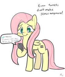 Size: 711x838 | Tagged: safe, artist:mt, fluttershy, the cutie map, cellphone, dialogue, even tweets don't make sense anymore, meta, phone, simple background, smartphone, solo, speech bubble, twitter, white background