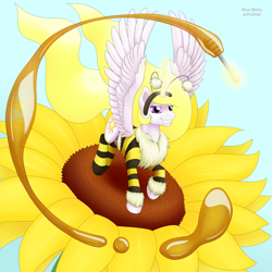 Size: 3000x3000 | Tagged: safe, artist:haretrinity, princess celestia, alicorn, pony, bee costume, beelestia, clothes, grin, smiling, solo, spread wings, sunflower