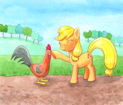 Size: 4708x3987 | Tagged: safe, artist:maran-zelde, applejack, chicken, earth pony, pony, applejack appreciation day, petting, traditional art