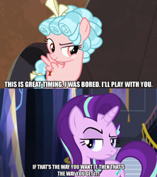 Size: 1280x1440 | Tagged: safe, artist:jaredking203, edit, edited screencap, editor:jaredking203, screencap, cozy glow, starlight glimmer, pegasus, pony, unicorn, every little thing she does, frenemies (episode), bow, caption, comic, female, filly, hair bow, image macro, mare, meme, screencap comic, text
