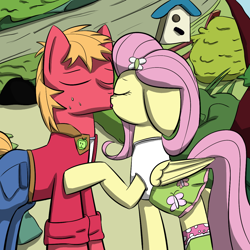 Size: 1200x1200 | Tagged: safe, artist:crashbrowns, big macintosh, fluttershy, pegasus, pony, clothes, equestria girls outfit, female, fluttermac, kissing, male, shipping, skirt, straight