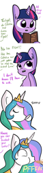 Size: 750x3000 | Tagged: safe, artist:tjpones, princess celestia, twilight sparkle, twilight sparkle (alicorn), alicorn, pony, book, comic, dialogue, female, innocent innuendo, innuendo, mare, offscreen character, reading, spit take, teacup, wide eyes