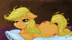 Size: 2400x1350 | Tagged: safe, artist:latecustomer, applejack, earth pony, pony, bed mane, both cutie marks, loose hair, morning ponies, solo